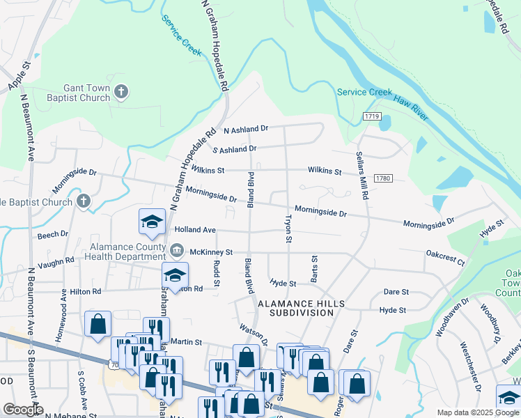 map of restaurants, bars, coffee shops, grocery stores, and more near 2121 Morningside Drive in Burlington