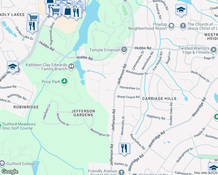 map of restaurants, bars, coffee shops, grocery stores, and more near 8 Pepperwood Circle in Greensboro