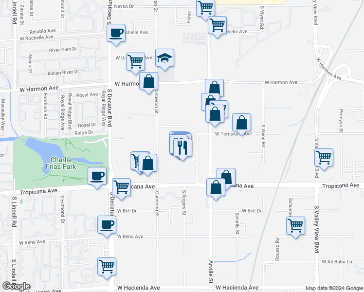 map of restaurants, bars, coffee shops, grocery stores, and more near 4321 West Flamingo Road in Las Vegas