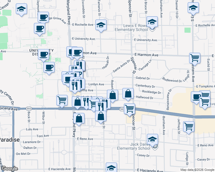map of restaurants, bars, coffee shops, grocery stores, and more near 1480 Dorothy Avenue in Las Vegas