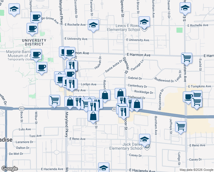 map of restaurants, bars, coffee shops, grocery stores, and more near 4734 Roberta Street in Las Vegas