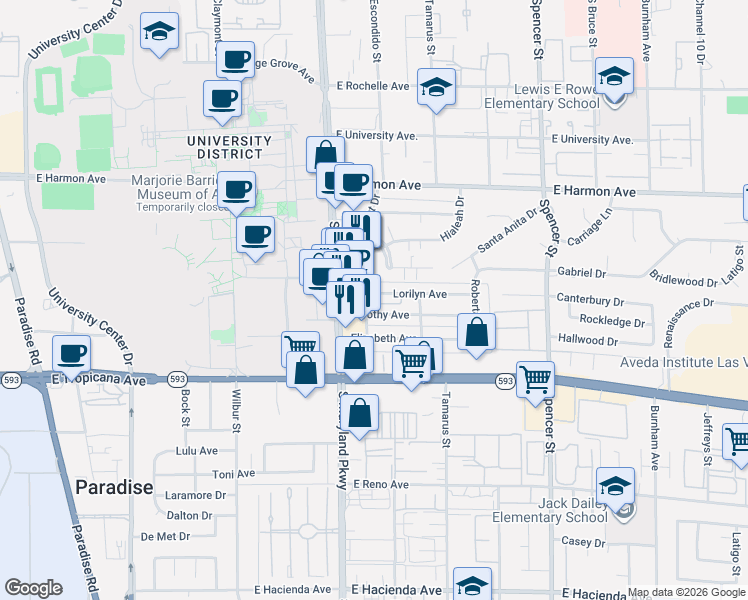 map of restaurants, bars, coffee shops, grocery stores, and more near 1320 Dorothy Avenue in Las Vegas
