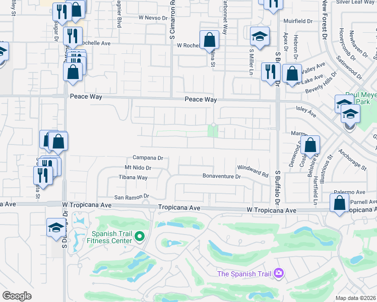 map of restaurants, bars, coffee shops, grocery stores, and more near 4702 San Palo Way in Las Vegas