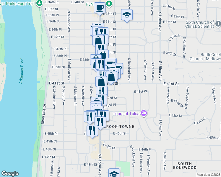 map of restaurants, bars, coffee shops, grocery stores, and more near 1331 East 41st Place in Tulsa