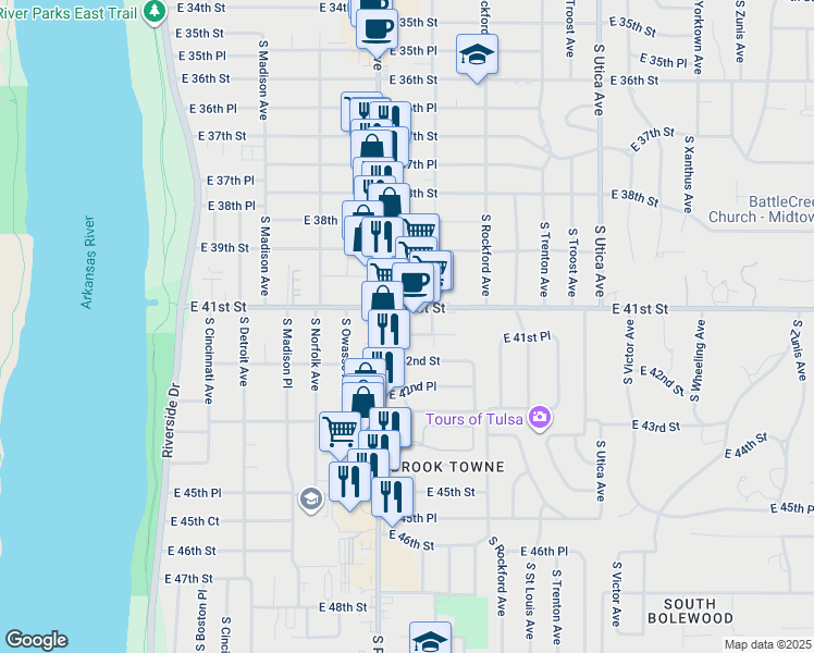 map of restaurants, bars, coffee shops, grocery stores, and more near 1331 East 41st Place in Tulsa