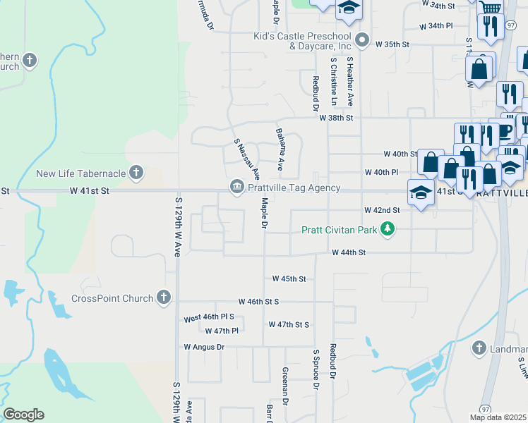 map of restaurants, bars, coffee shops, grocery stores, and more near 4112 Maple Drive in Sand Springs