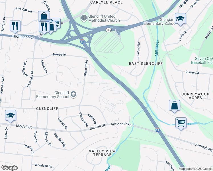 map of restaurants, bars, coffee shops, grocery stores, and more near 100 Antioch Pike in Nashville