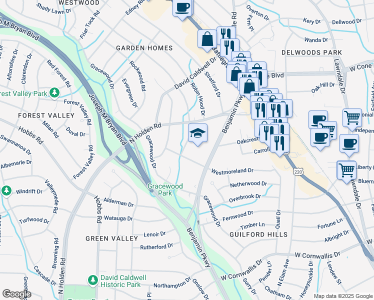 map of restaurants, bars, coffee shops, grocery stores, and more near 2502 Shady Lawn Drive in Greensboro