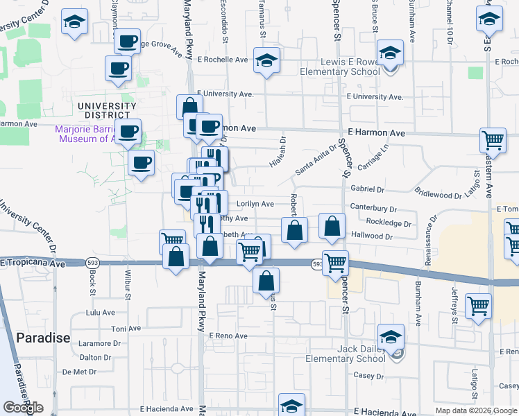 map of restaurants, bars, coffee shops, grocery stores, and more near 1439 Lorilyn Avenue in Las Vegas