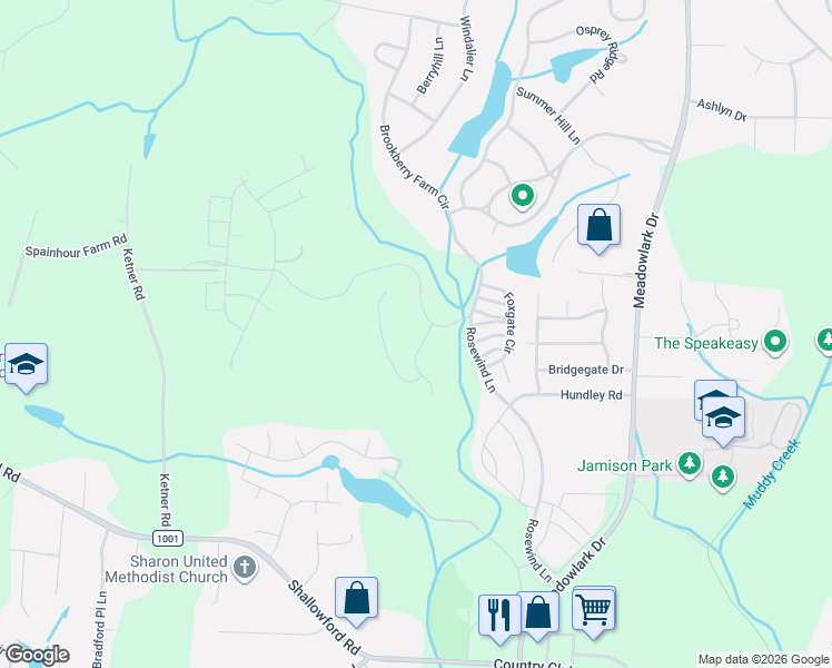 map of restaurants, bars, coffee shops, grocery stores, and more near Rosewind Lane in Winston-Salem