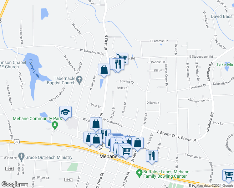map of restaurants, bars, coffee shops, grocery stores, and more near 522 North 2nd Street in Mebane