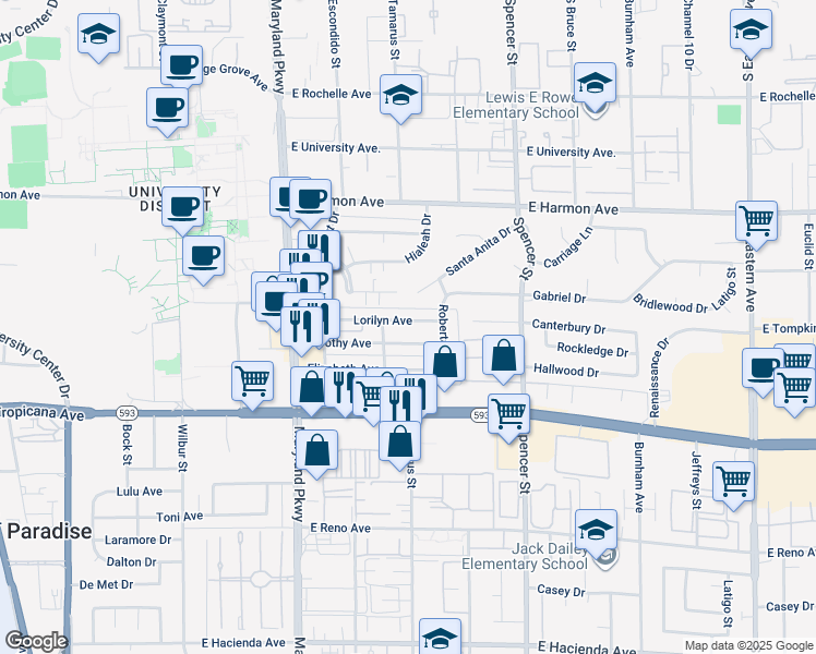 map of restaurants, bars, coffee shops, grocery stores, and more near 1481 Lorilyn Avenue in Las Vegas