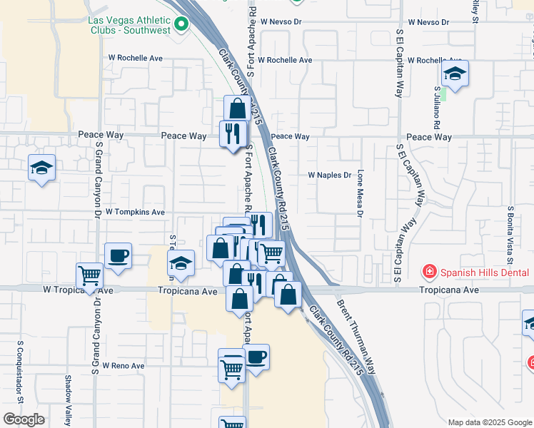 map of restaurants, bars, coffee shops, grocery stores, and more near I-215 West Beltway Trail in Spring Valley