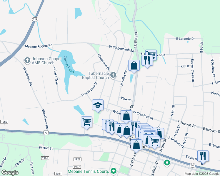 map of restaurants, bars, coffee shops, grocery stores, and more near 515 N Charles St in Mebane