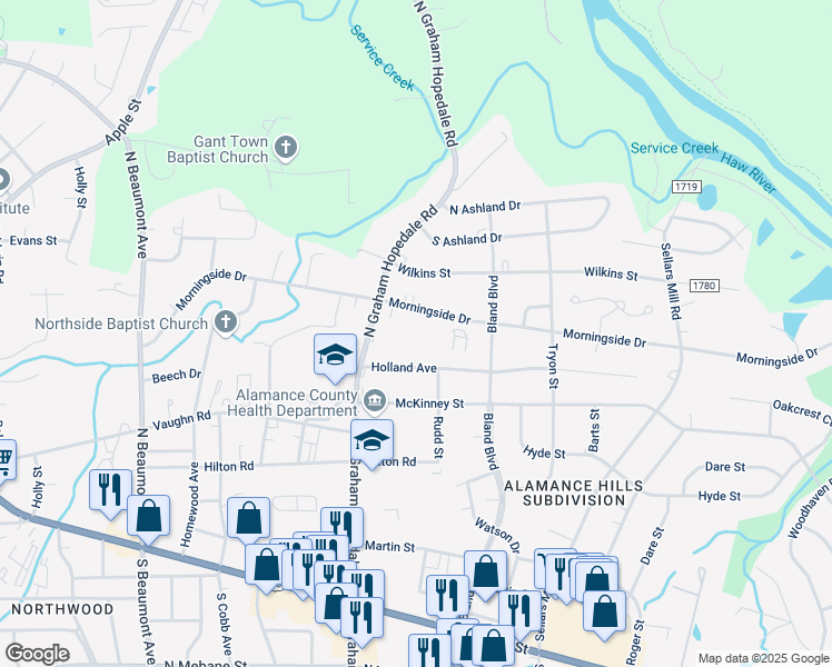 map of restaurants, bars, coffee shops, grocery stores, and more near 1925 Morningside Drive in Burlington