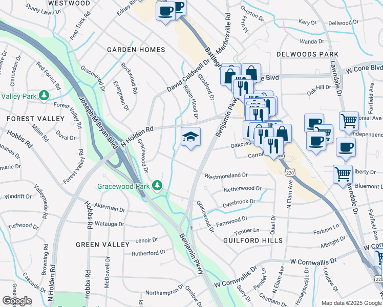 map of restaurants, bars, coffee shops, grocery stores, and more near 1501 Benjamin Parkway in Greensboro