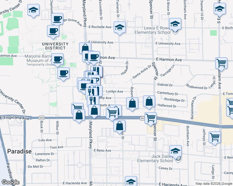 map of restaurants, bars, coffee shops, grocery stores, and more near 1390 Dorothy Avenue in Las Vegas