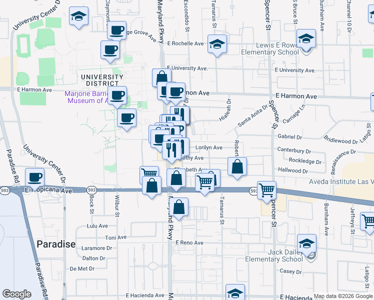 map of restaurants, bars, coffee shops, grocery stores, and more near 1321 Lorilyn Avenue in Las Vegas