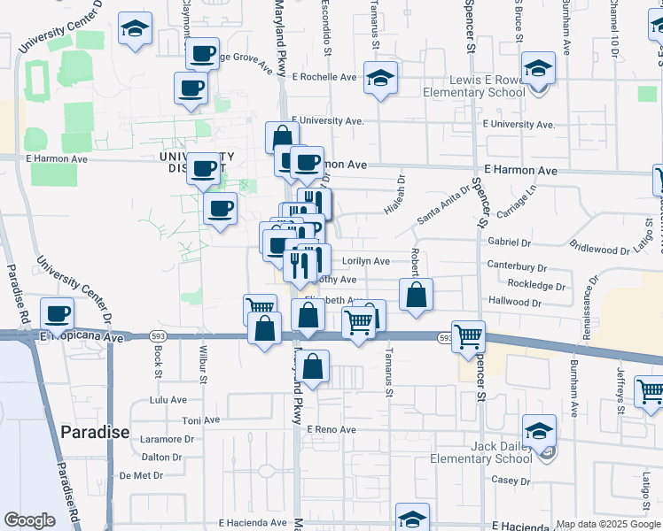 map of restaurants, bars, coffee shops, grocery stores, and more near 1335 Lorilyn Avenue in Las Vegas
