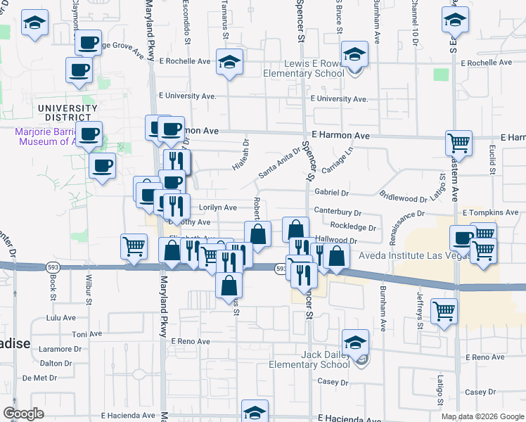 map of restaurants, bars, coffee shops, grocery stores, and more near 4734 Roberta Street in Las Vegas