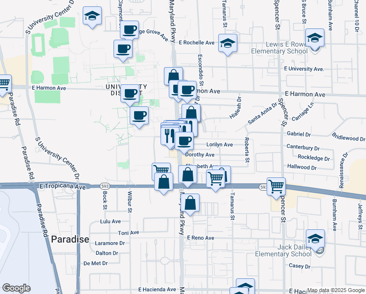 map of restaurants, bars, coffee shops, grocery stores, and more near 4725 South Maryland Parkway in Las Vegas