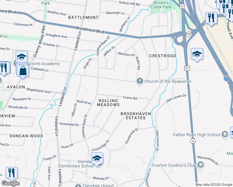 map of restaurants, bars, coffee shops, grocery stores, and more near 932 Evans Road in Nashville