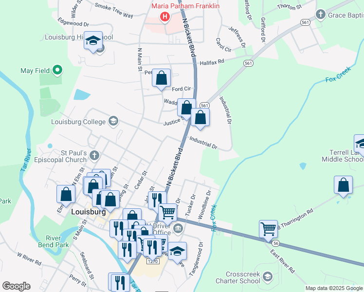map of restaurants, bars, coffee shops, grocery stores, and more near Highway 39 in Louisburg