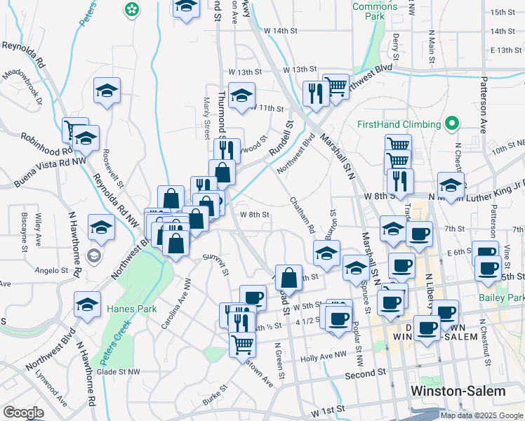 map of restaurants, bars, coffee shops, grocery stores, and more near 820 West 8th Street in Winston-Salem