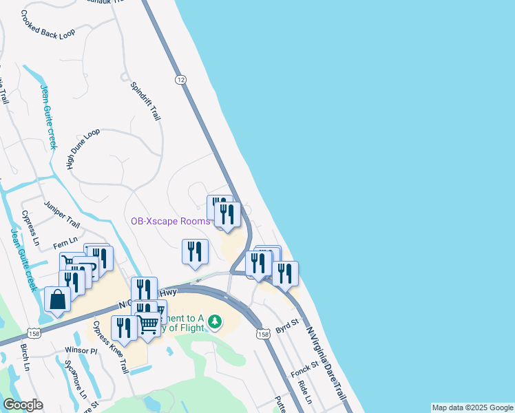 map of restaurants, bars, coffee shops, grocery stores, and more near 4 Sea Bass Circle in Kitty Hawk