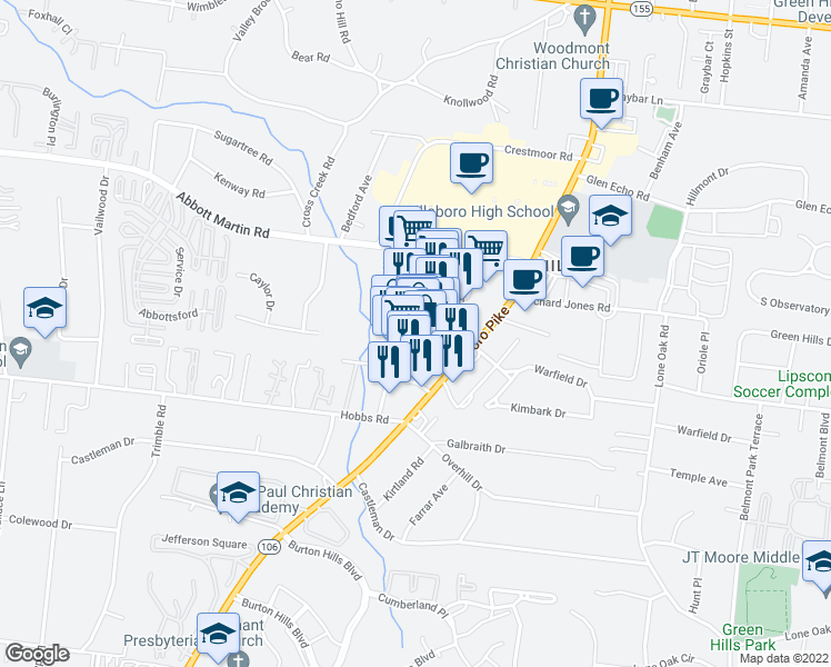 map of restaurants, bars, coffee shops, grocery stores, and more near 4017 Hillsboro Circle in Nashville