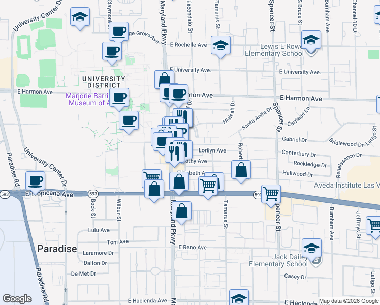 map of restaurants, bars, coffee shops, grocery stores, and more near 1321 Lorilyn Avenue in Las Vegas