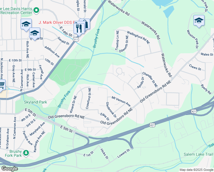 map of restaurants, bars, coffee shops, grocery stores, and more near Tanders Street Northeast in Winston-Salem