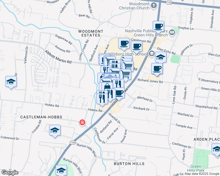 map of restaurants, bars, coffee shops, grocery stores, and more near 4017 Hillsboro Circle in Nashville
