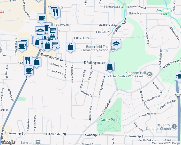 map of restaurants, bars, coffee shops, grocery stores, and more near 2859 North Loxley Avenue in Fayetteville