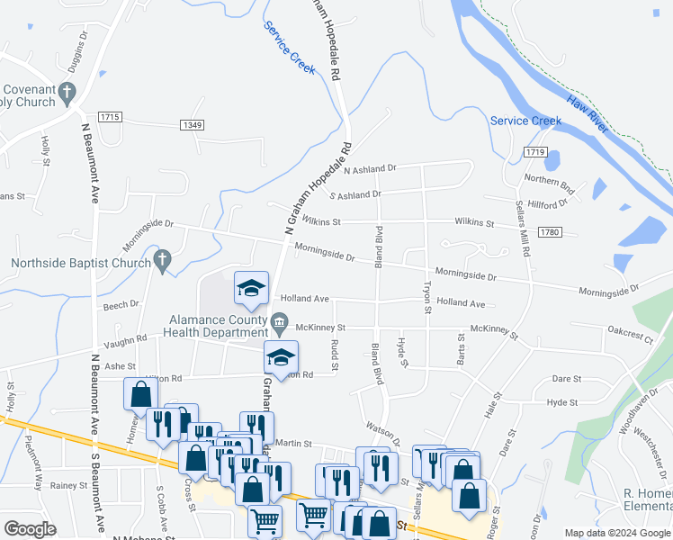 map of restaurants, bars, coffee shops, grocery stores, and more near 2007 Morningside Drive in Burlington