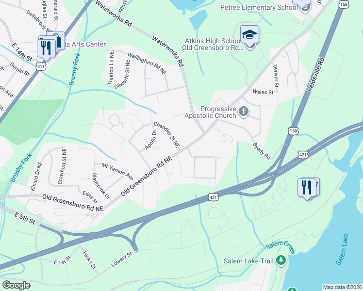 map of restaurants, bars, coffee shops, grocery stores, and more near in Winston-Salem
