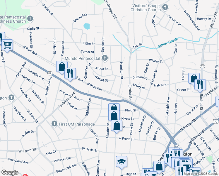 map of restaurants, bars, coffee shops, grocery stores, and more near 917 North Park Avenue in Burlington