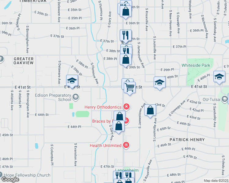 map of restaurants, bars, coffee shops, grocery stores, and more near 3150 East 41st Street in Tulsa