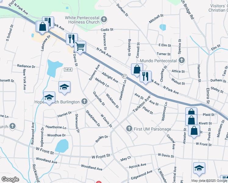map of restaurants, bars, coffee shops, grocery stores, and more near 1516 Melody Lane in Burlington