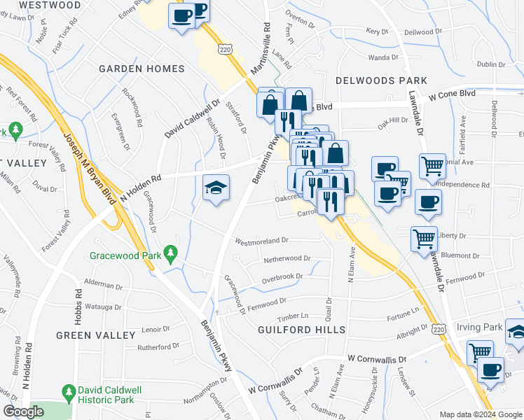 map of restaurants, bars, coffee shops, grocery stores, and more near 1524 Benjamin Parkway in Greensboro