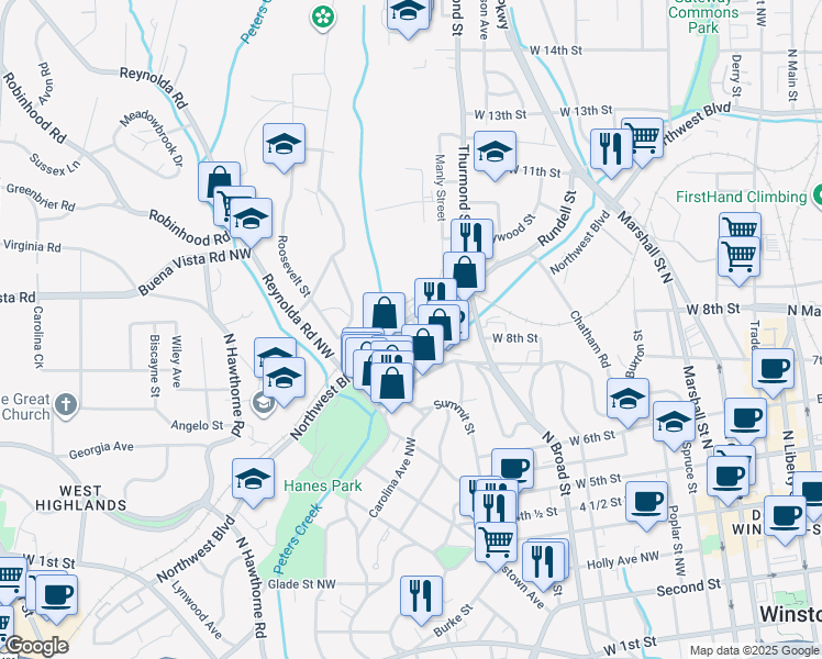 map of restaurants, bars, coffee shops, grocery stores, and more near 1020 W Northwest Blvd in Winston-Salem