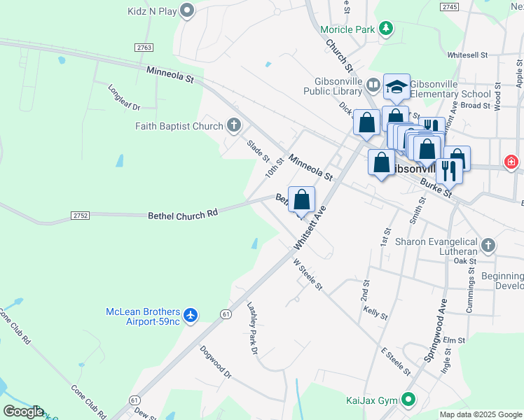 map of restaurants, bars, coffee shops, grocery stores, and more near 433 Homestead Street in Gibsonville