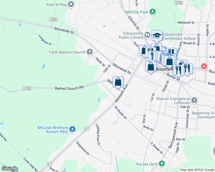 map of restaurants, bars, coffee shops, grocery stores, and more near 424 Homestead Street in Gibsonville