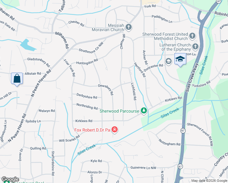 map of restaurants, bars, coffee shops, grocery stores, and more near 3614 Broadsword Road in Winston-Salem