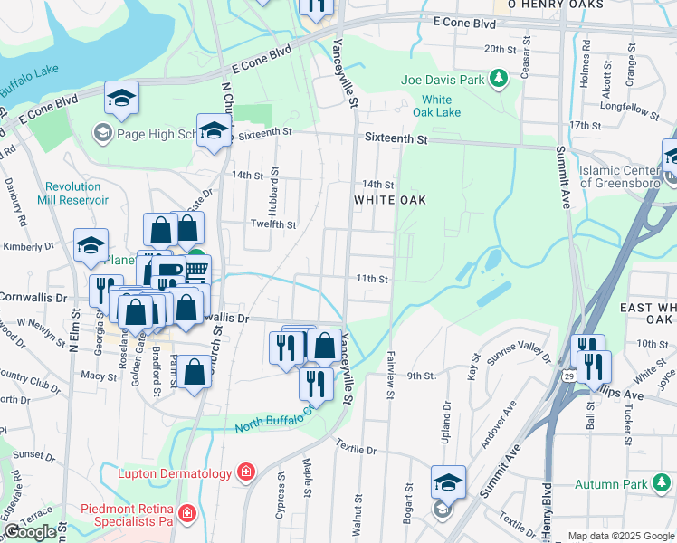 map of restaurants, bars, coffee shops, grocery stores, and more near 2218 Maple Street in Greensboro