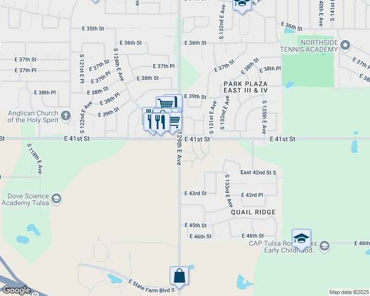 map of restaurants, bars, coffee shops, grocery stores, and more near 4117 South 130th Avenue East in Tulsa