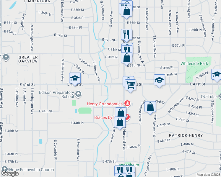 map of restaurants, bars, coffee shops, grocery stores, and more near 3150 East 41st Street in Tulsa
