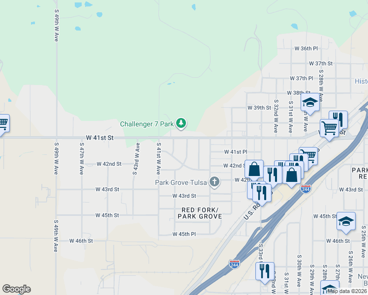 map of restaurants, bars, coffee shops, grocery stores, and more near 4124 South 39th West Avenue in Tulsa