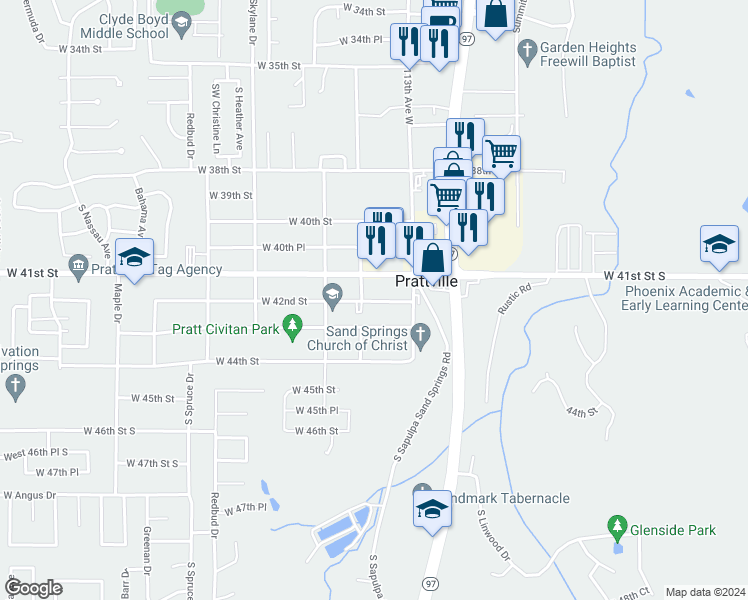 map of restaurants, bars, coffee shops, grocery stores, and more near 8 West 42nd Street in Sand Springs