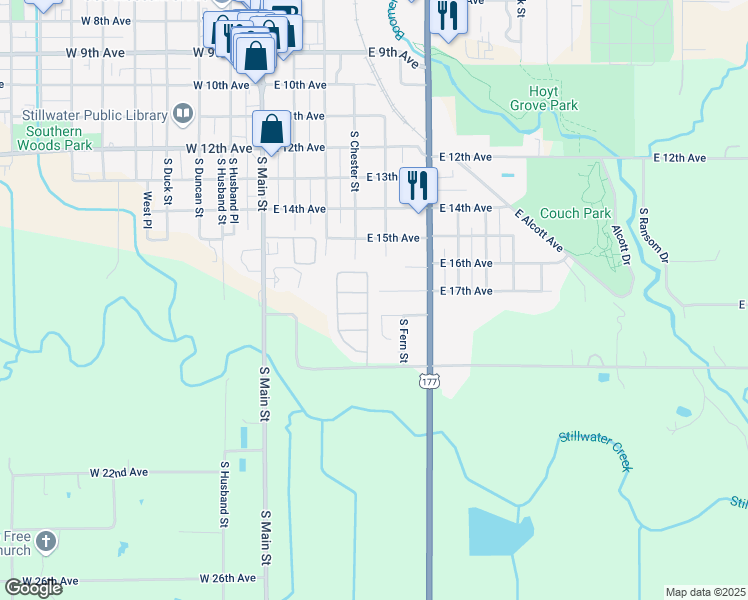 map of restaurants, bars, coffee shops, grocery stores, and more near 410 East 17th Avenue in Stillwater
